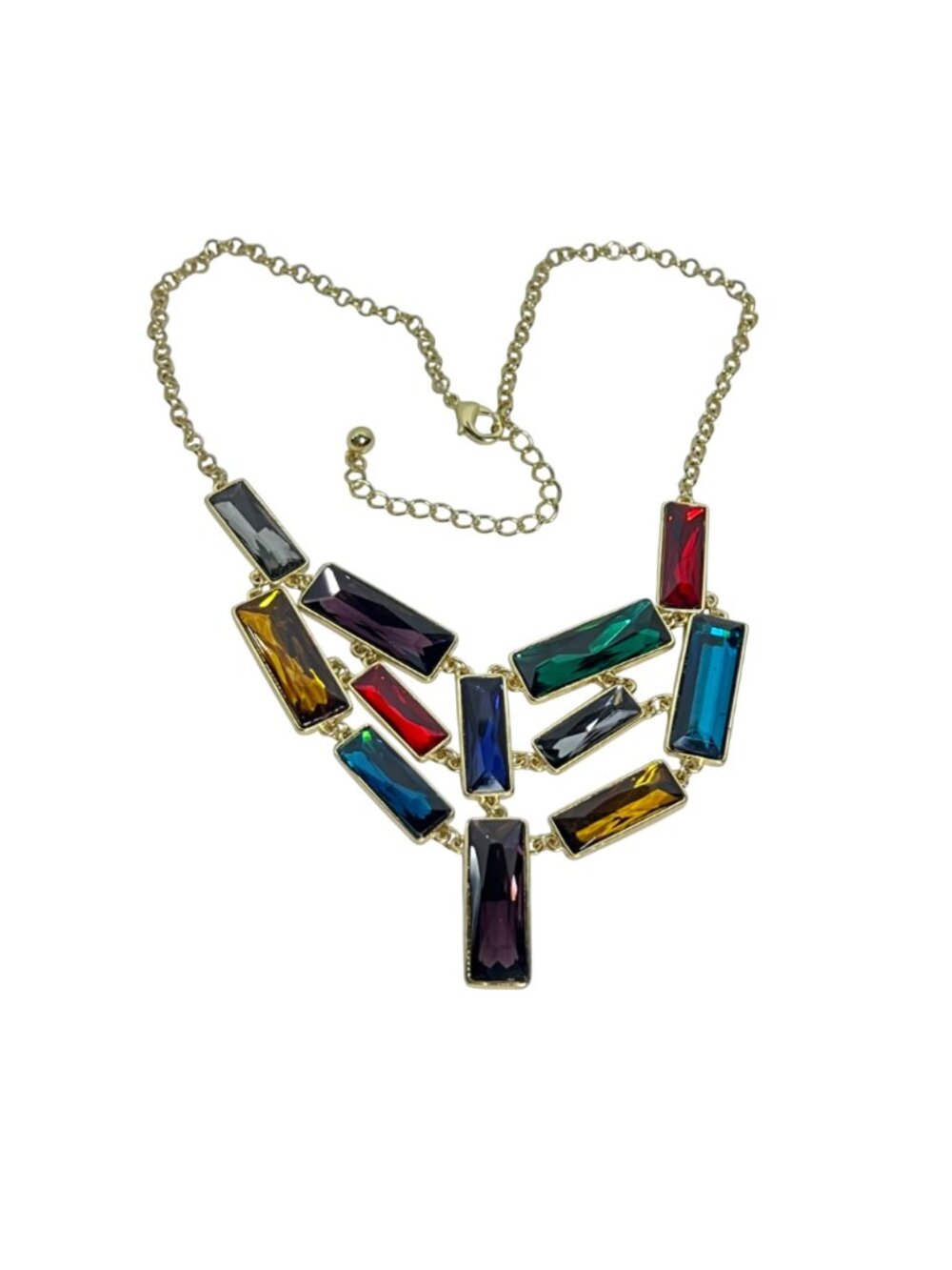 Gold Tone And Multicolored Rectangle Crystal Bib Necklace (6378) - Picture 5 of 7
